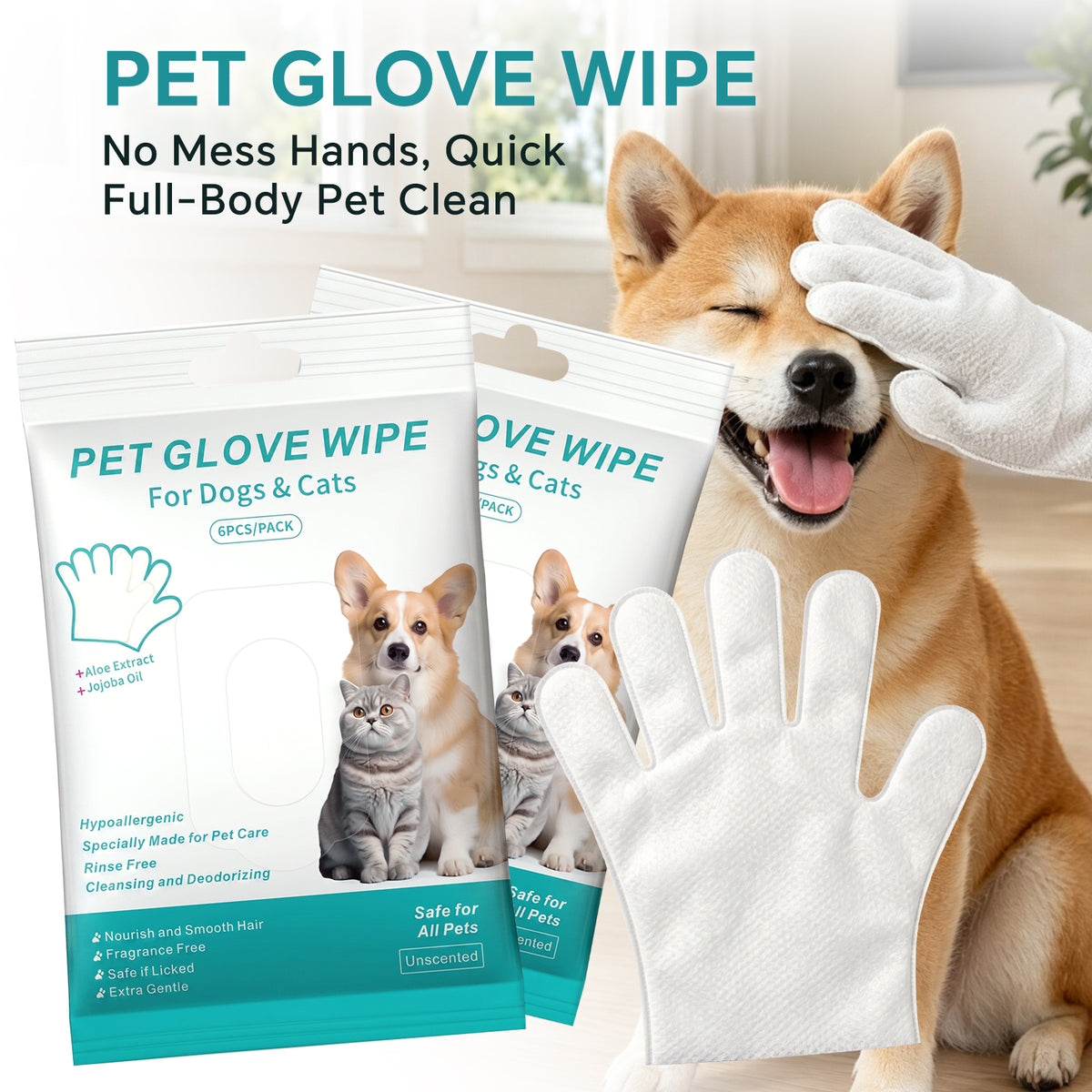Rinse Free Dog Shampoo Mitts, Pet Glove Wipes for Dogs & Cats, Portable Pet Bathing Gloves, Rinse Free Shampoo Mittens for Paws and Body