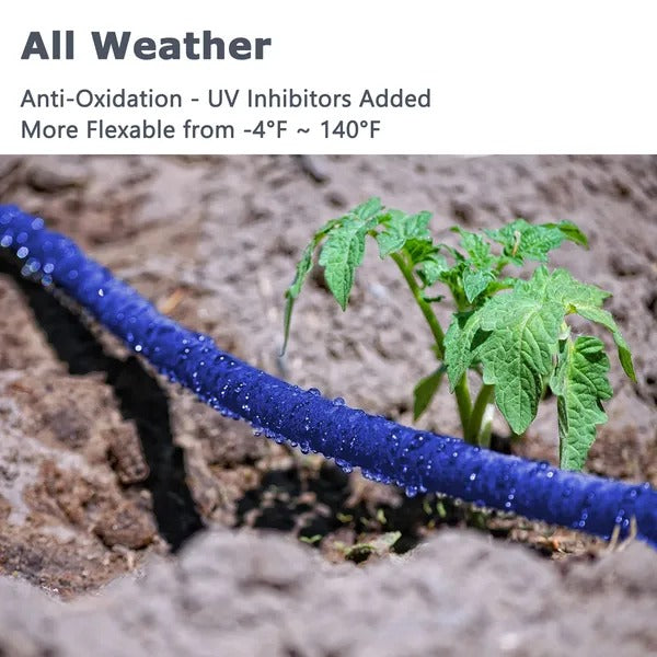 Heavy-Duty Flat Soaker Hose with Brass End Fittings, Flexible Drip Watering Hose for Garden Beds, Flower Beds, Shrubs, and Vegetable Gardens, UV-Resistant All-Weather Blue