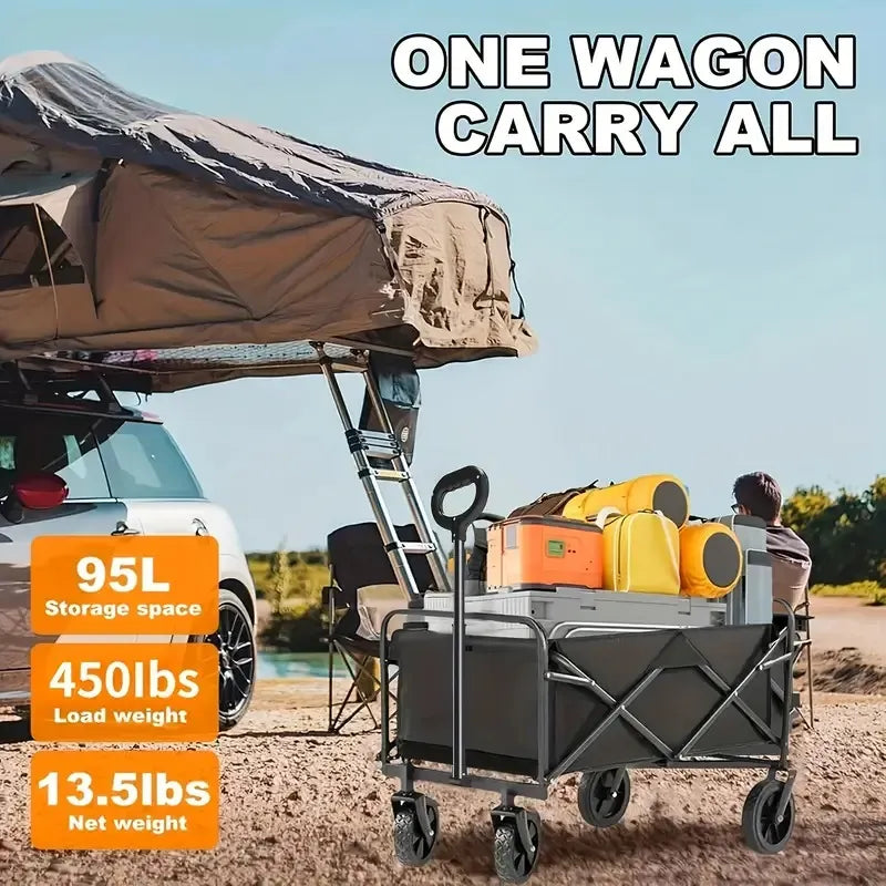 Foldable Utility Wagon Cart with All-Terrain Wheels, Adjustable Handle, Heavy-Duty Metal Frame, Collapsible Beach & Garden Wagon for Camping, Shopping, Sports, and Outdoor Use