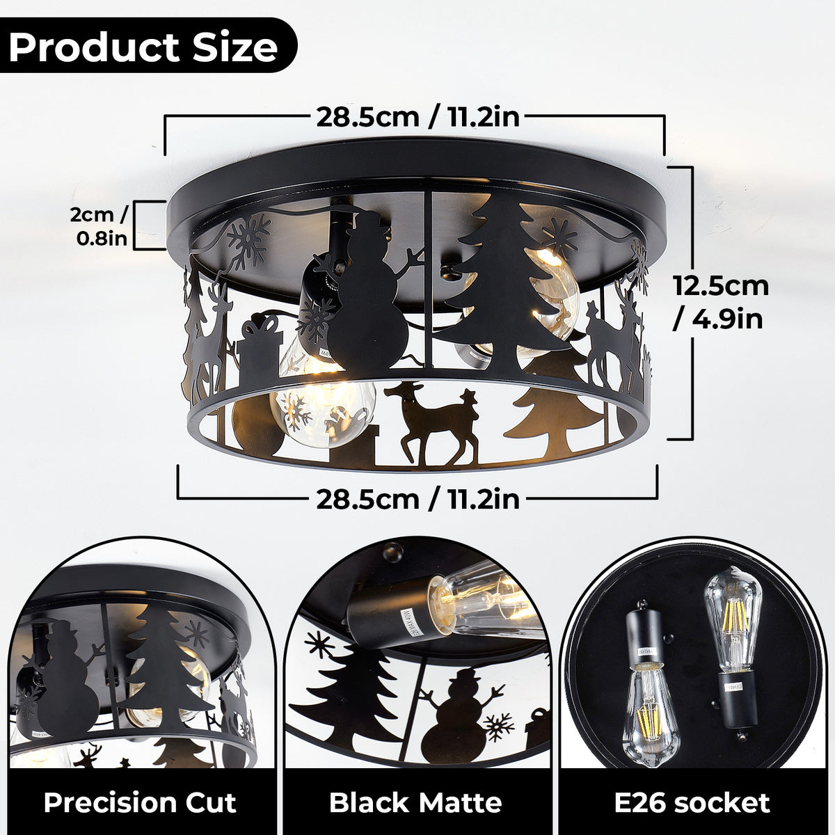 Round Matte Black Flush Mount Ceiling Light, Christmas Snowman Deer Tree Cutout Iron Ceiling Lamp, Vintage E26 Ceiling Light for Bedroom Hallway