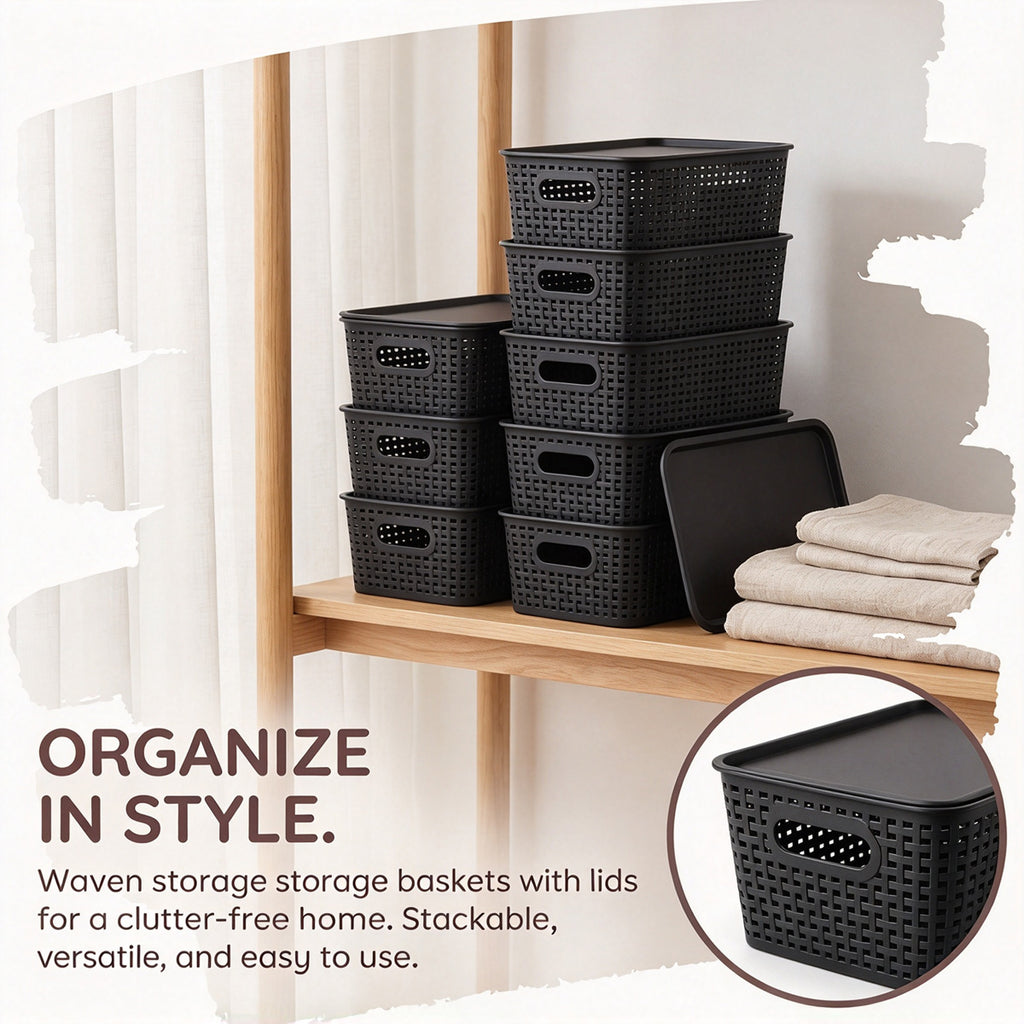 4-Pack Plastic Storage Bins with Lids, Stackable Storage Baskets for Shelves, Drawers, Closets, Playrooms, Classrooms and Offices