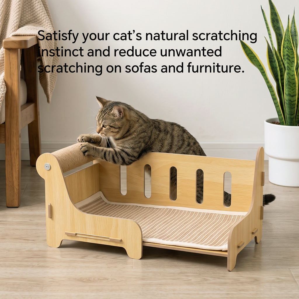 Cat Scratcher Couch Bed with Sisal Scratching Post, Wooden Cat Lounge Furniture for Indoor Cats