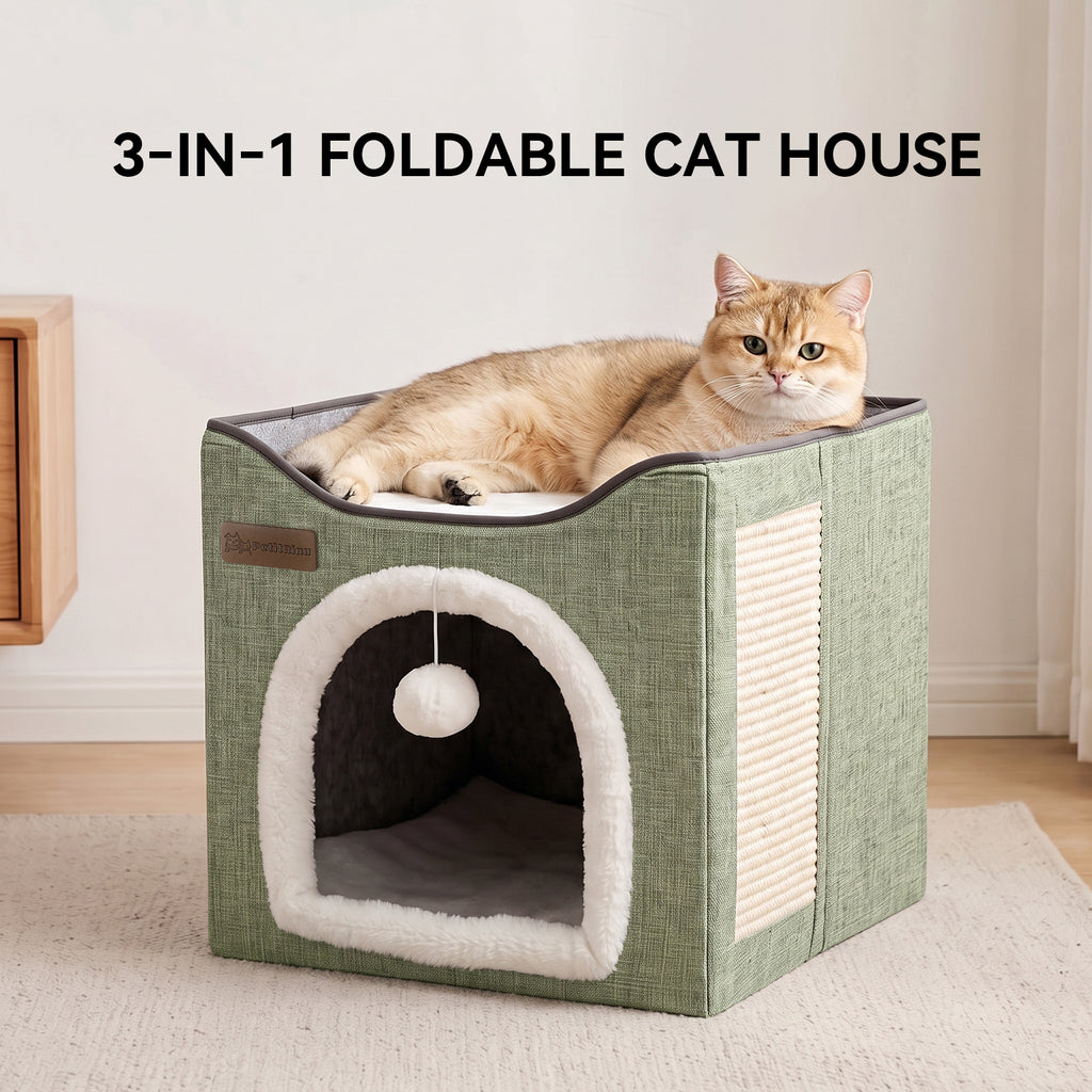 3-in-1 Foldable Cat House, Enclosed Cat Cave Bed with Scratching Pad & Hanging Pom-Pom Toy, Multi-Functional Cat Hideaway for Indoor Cats
