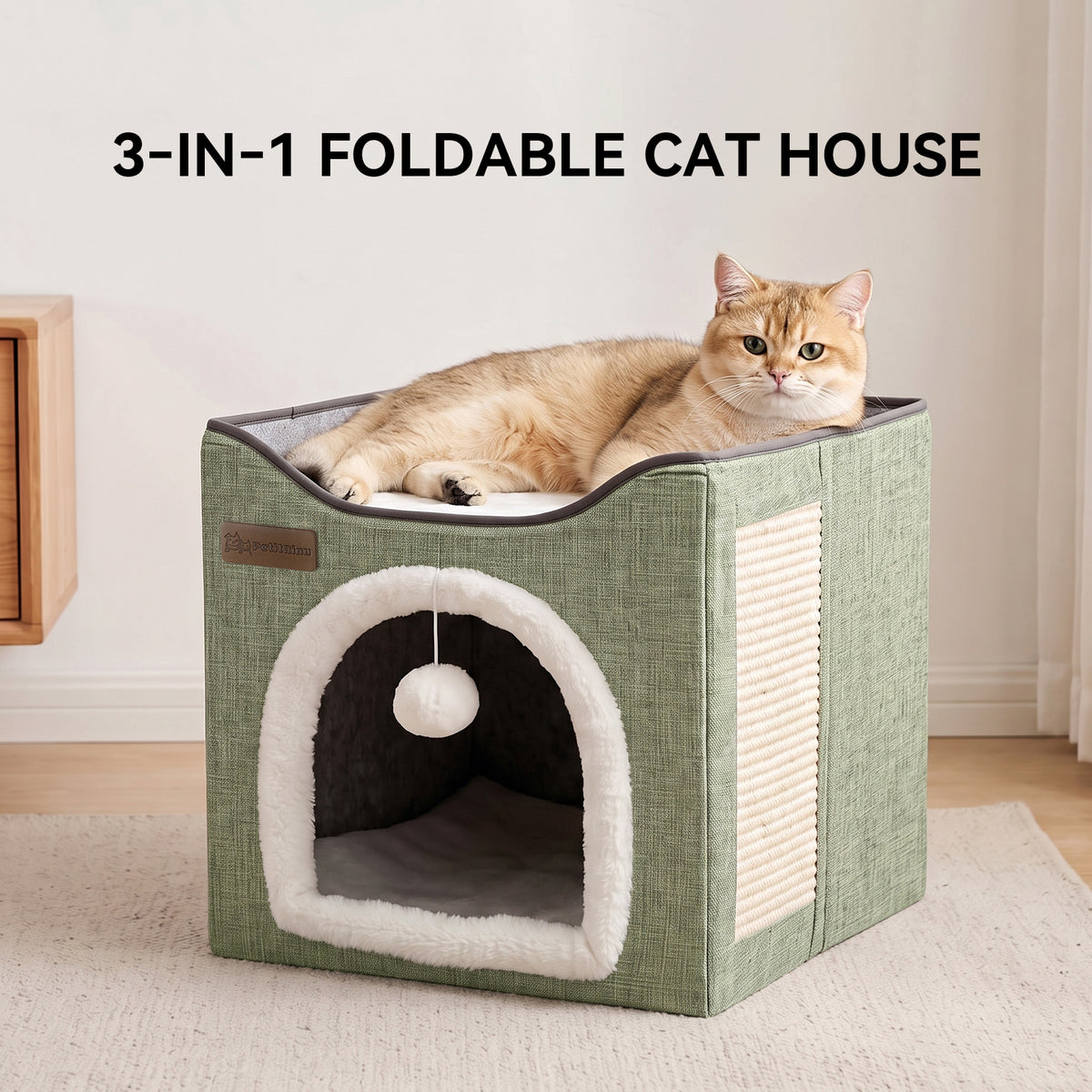 3-in-1 Foldable Cat House, Enclosed Cat Cave Bed with Scratching Pad & Hanging Pom-Pom Toy, Multi-Functional Cat Hideaway for Indoor Cats