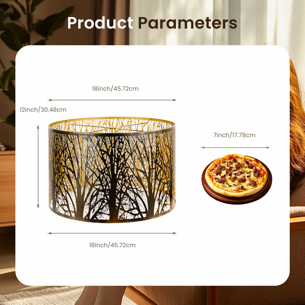 ALUCSET 18"×12" Drum Metal Lamp Shade, Black Gold Forest Etched Tree Shadow Lampshade with Spider Fitter for Table, Floor & Pendant Lights