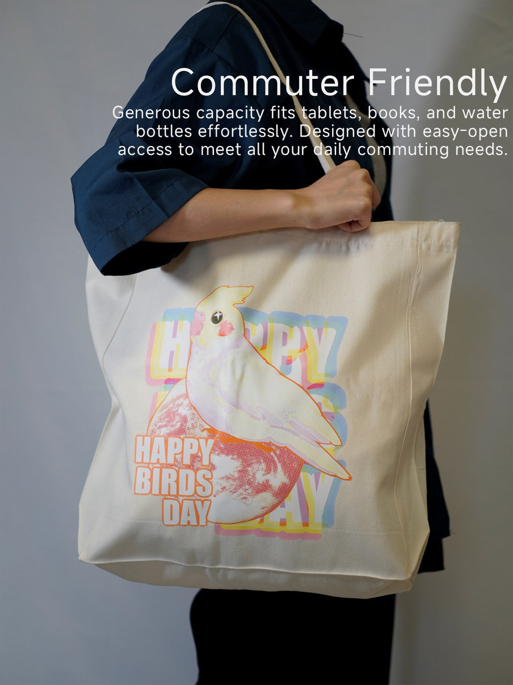 15.75 x 13.78 in Happy Birds Day Cockatiel Canvas Tote Bag, Shoulder Bag For Women, Reusable Shopping Tote Bag
