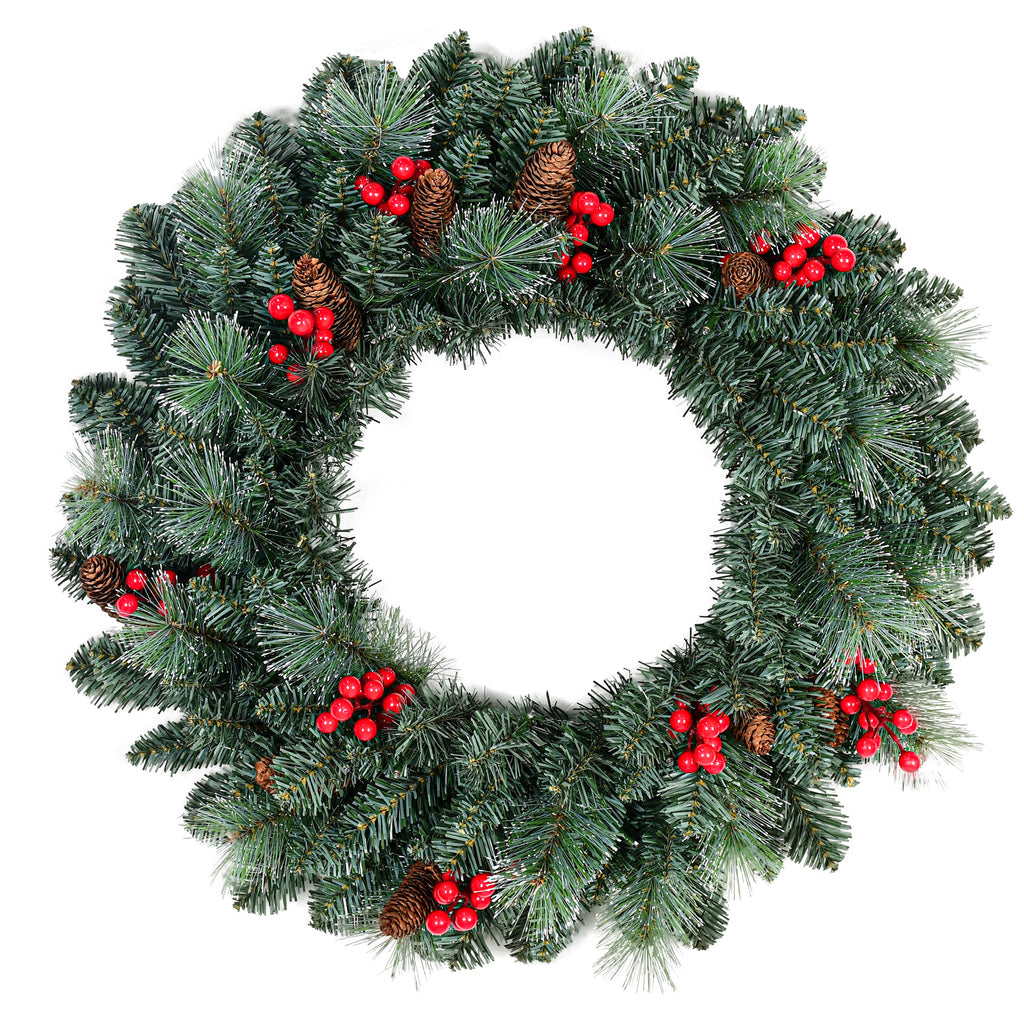 25" Pre-Lit Christmas Wreath with 70 Warm White LED Lights, Battery Operated Pine Needle Wreath with Berries & Pine Cones for Front Door.