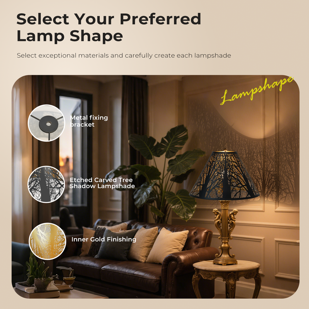 ALUCSET 5"×15"×9" Forest Etched Metal Lamp Shade, Black Gold Tree Shadow Glow Lampshade with Spider Fitter for Table & Floor Lamps