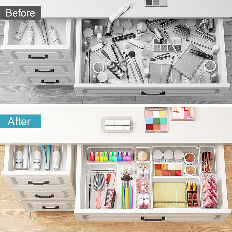 25 Pack Clear Plastic Drawer Organizer Trays, 4 Size Storage Bins with Non-Slip Mats, Multi-Use Drawer Dividers for Vanity Makeup, Jewelry, Kitchen Utensils, Bathroom & Office Desk Storage