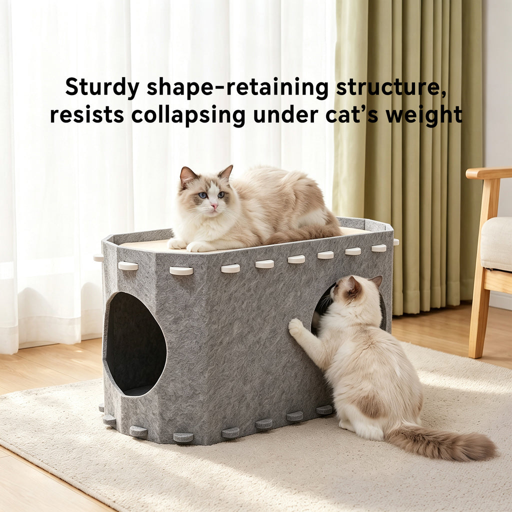 Felt Cat House for Indoor Cats, Peekaboo Cat Cave Bed with Cozy Hideaway and Multiple Openings, Light Gray
