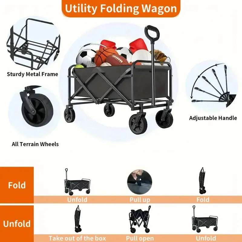 Foldable Utility Wagon Cart with All-Terrain Wheels, Adjustable Handle, Heavy-Duty Metal Frame, Collapsible Beach & Garden Wagon for Camping, Shopping, Sports, and Outdoor Use