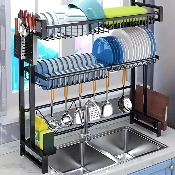 Aeelleea Retractable Dish Drying Rack, Single/Double Layer Countertop Sink Drain Rack, Black Kitchen Dish Storage