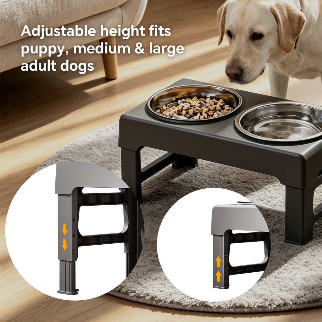 Adjustable Height Raised Dog Bowl Stand with Slow Feeder Bowl & Regular Stainless Steel Bowl, Elevated Pet Feeder Station for Small Medium Large Dogs