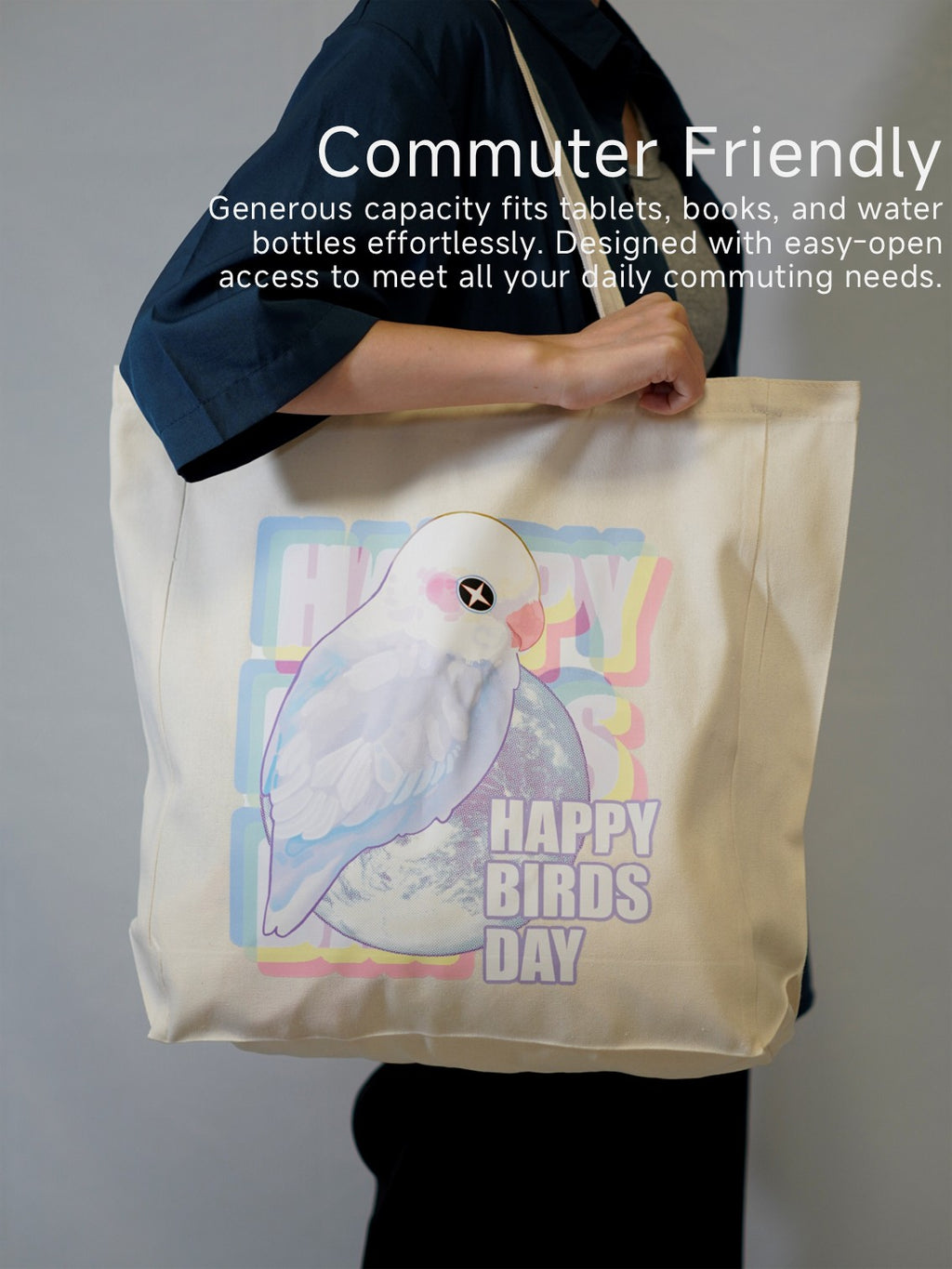 15.75 x 13.78 in Happy Birds Day Cockatiel Canvas Tote Bag, Shoulder Bag For Women, Reusable Shopping Tote Bag