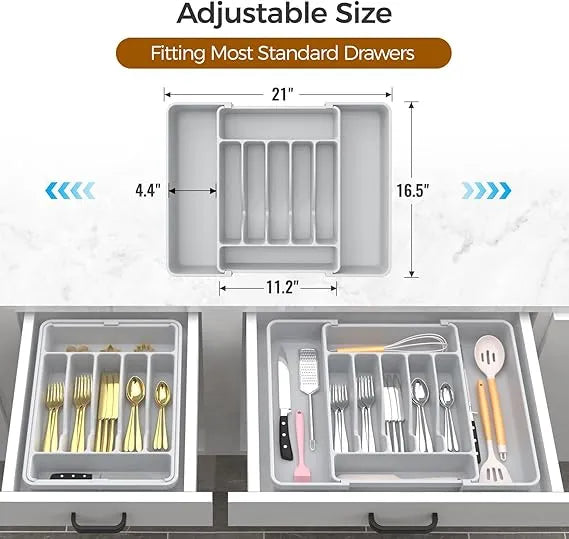 AEELLEEA Expandable Silverware Organizer Tray, Gray Adjustable Kitchen Drawer Utensil Holder for Flatware