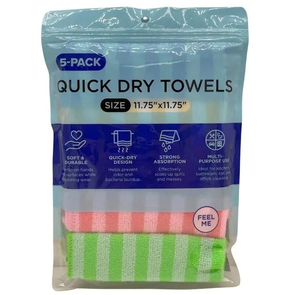 5 Pack Striped Quick Dry Cleaning Towels, 11.75" x 11.75", Super Absorbent Lint Free Reusable Kitchen Dish Cloths for Home Bathroom Car Cleaning