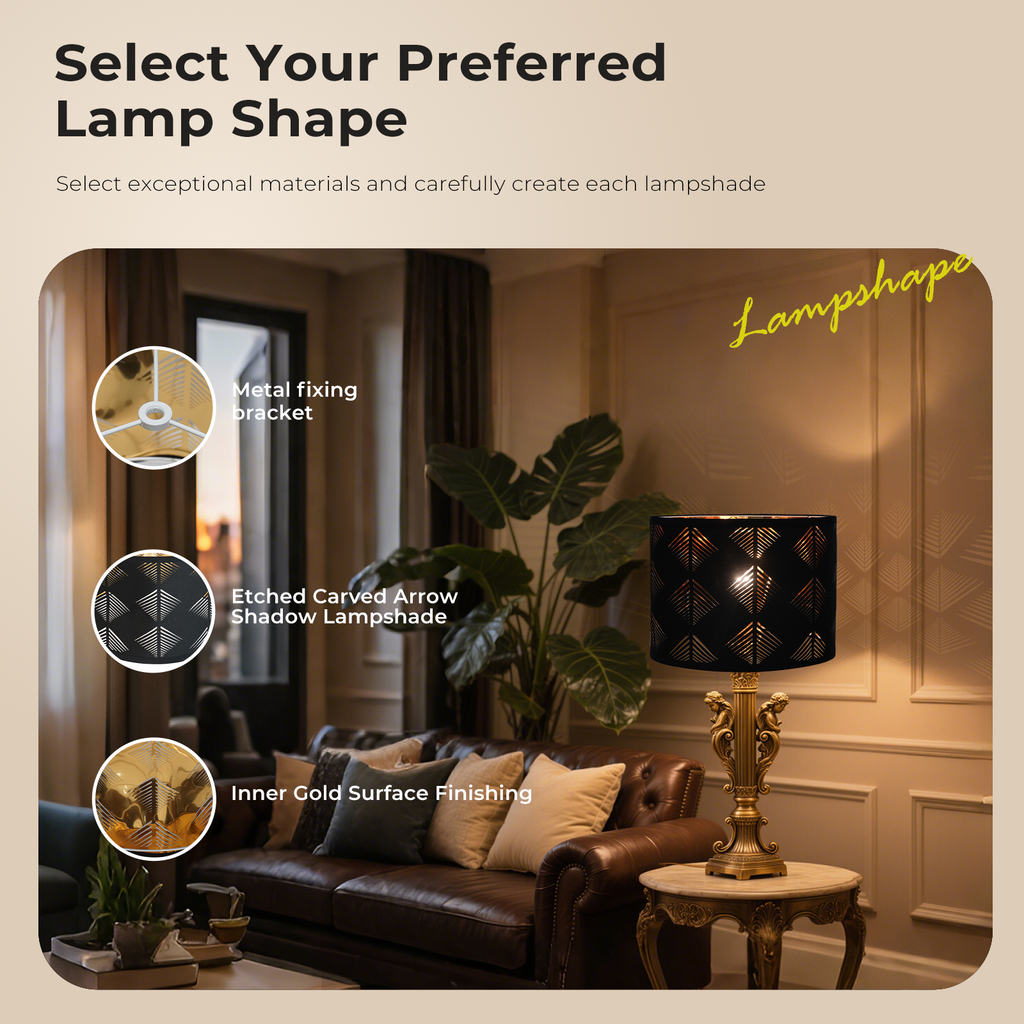 Black Cutout Lampshades Set of 2, 13"×10" Drum Shades with Gold Inner Lining, Spider Fitter for Table & Floor Lamps