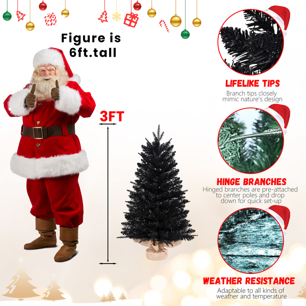 3ft Black Artificial Mini Christmas Tree, Small Tabletop Christmas Tree with Burlap Base, Hinged Branches for Home Table Holiday Halloween Xmas Decor