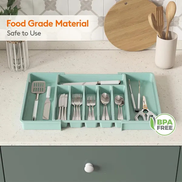 AEELLEEA Expandable Silverware Drawer Organizer Tray, Turquoise Adjustable Kitchen Utensil Holder for Flatware