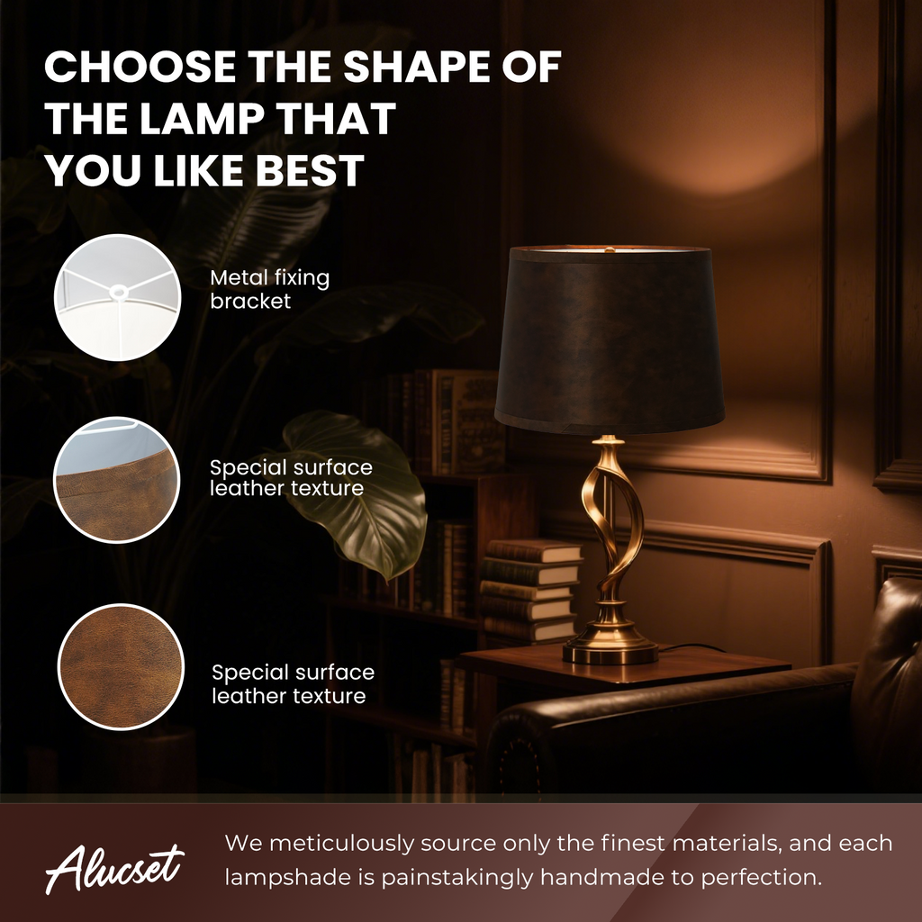 ALUCSET 2-Pack 13"×15"×11" Brown Faux Leather Empire Lamp Shades, Spider Fitter with Harp Included for Table & Floor Lamps
