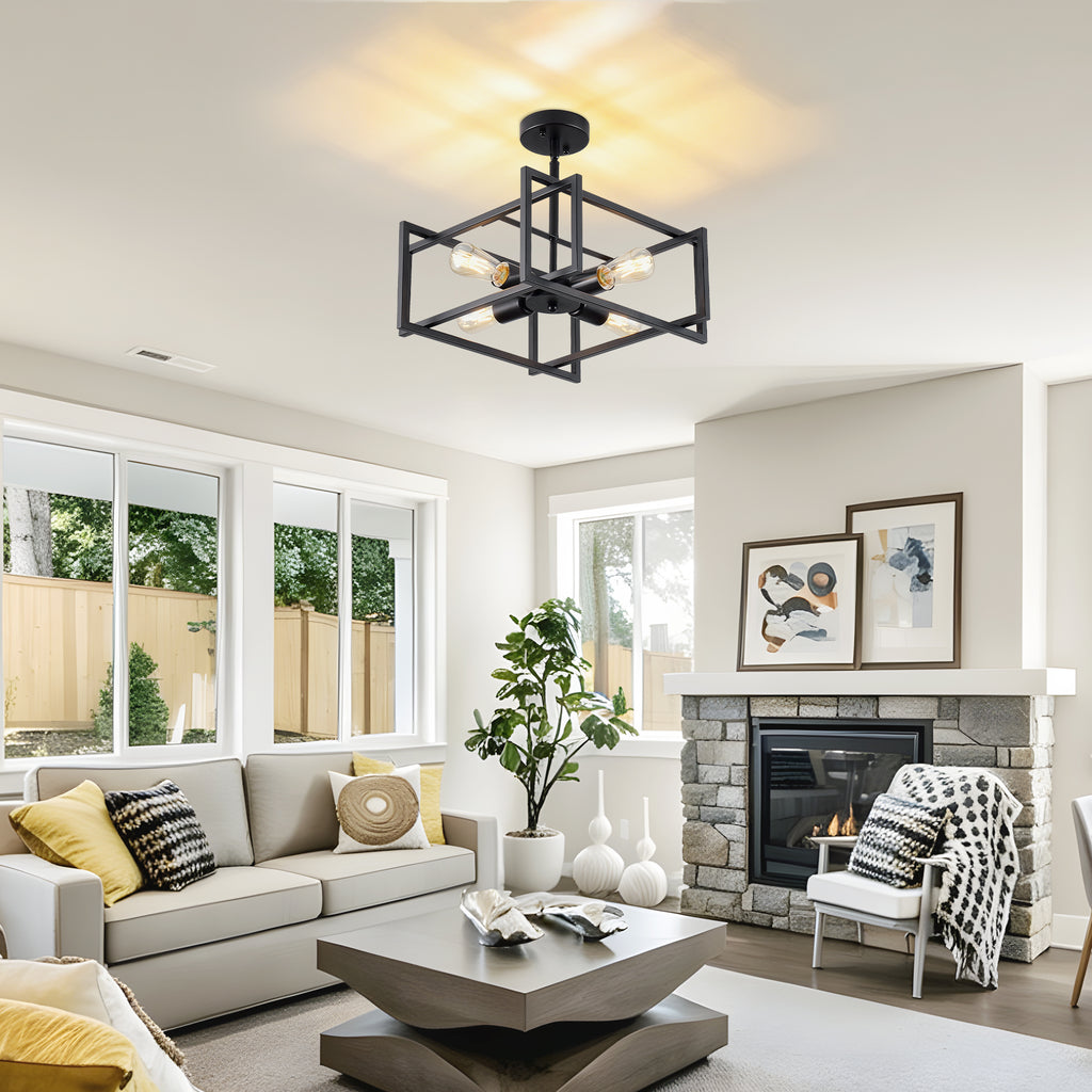 4-Light Semi Flush Mount Ceiling Light, Industrial Black Metal Square Cage Chandelier, Farmhouse Geometric Ceiling Lamp for Bedroom Living Room Hallway Entryway Home Decor