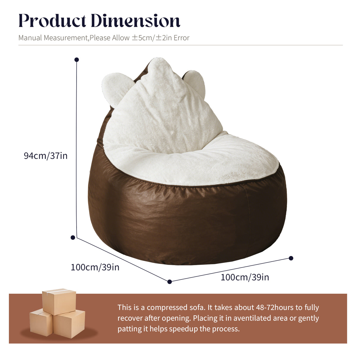AEELLEEA Cute Animal Ear Bean Bag Chair, Dual Fabric Faux Leather & Rabbit Fleece Oversized Lazy Sofa for Bedroom Gaming Room