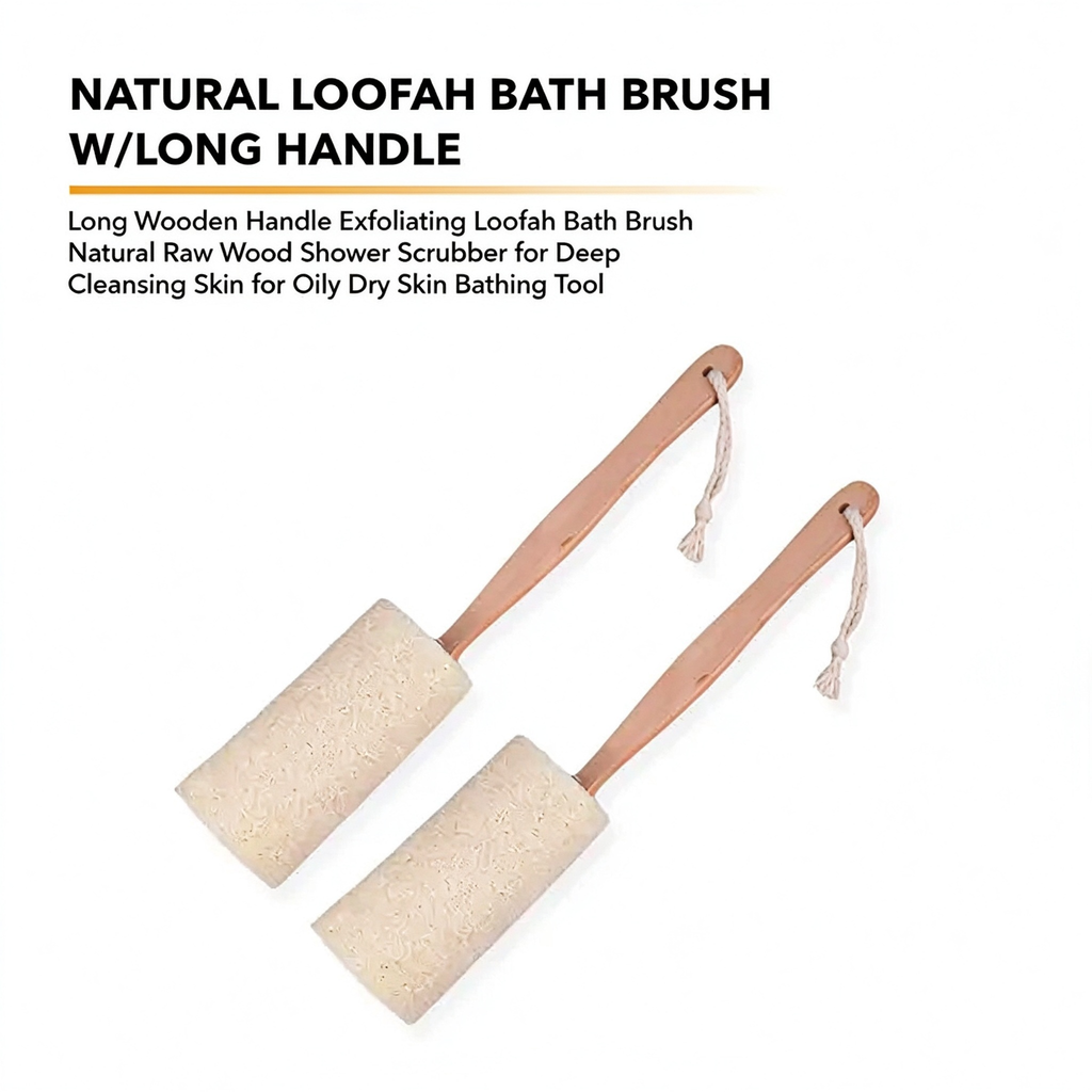AEELLEEA Natural Loofah Bath Brush with Long Wooden Handle, Exfoliating Shower Scrubber for Back Body