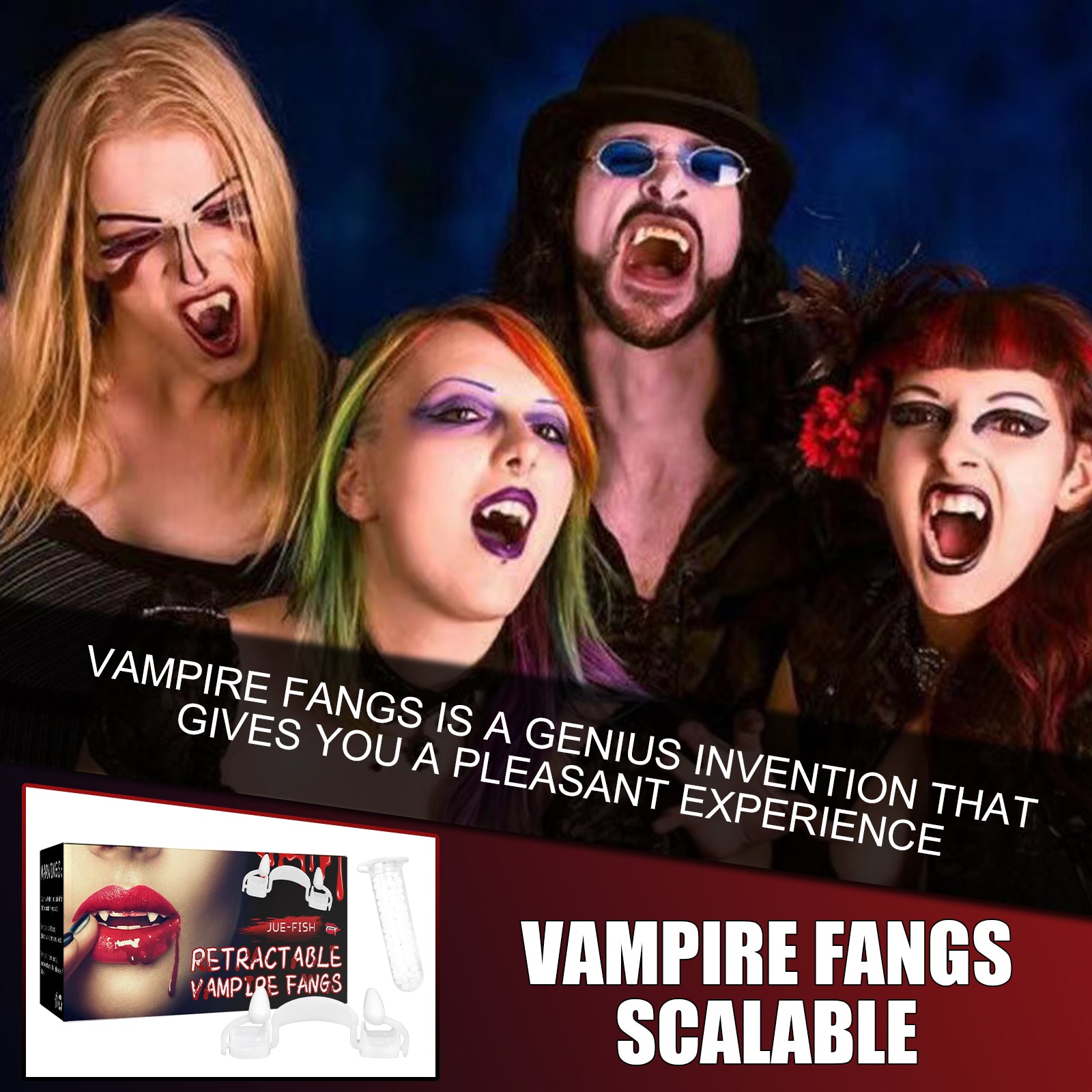 Jue Fish Retractable Vampire Fangs, Reusable Realistic Fake Teeth Cosplay Prop with Dental Glue for Halloween Party