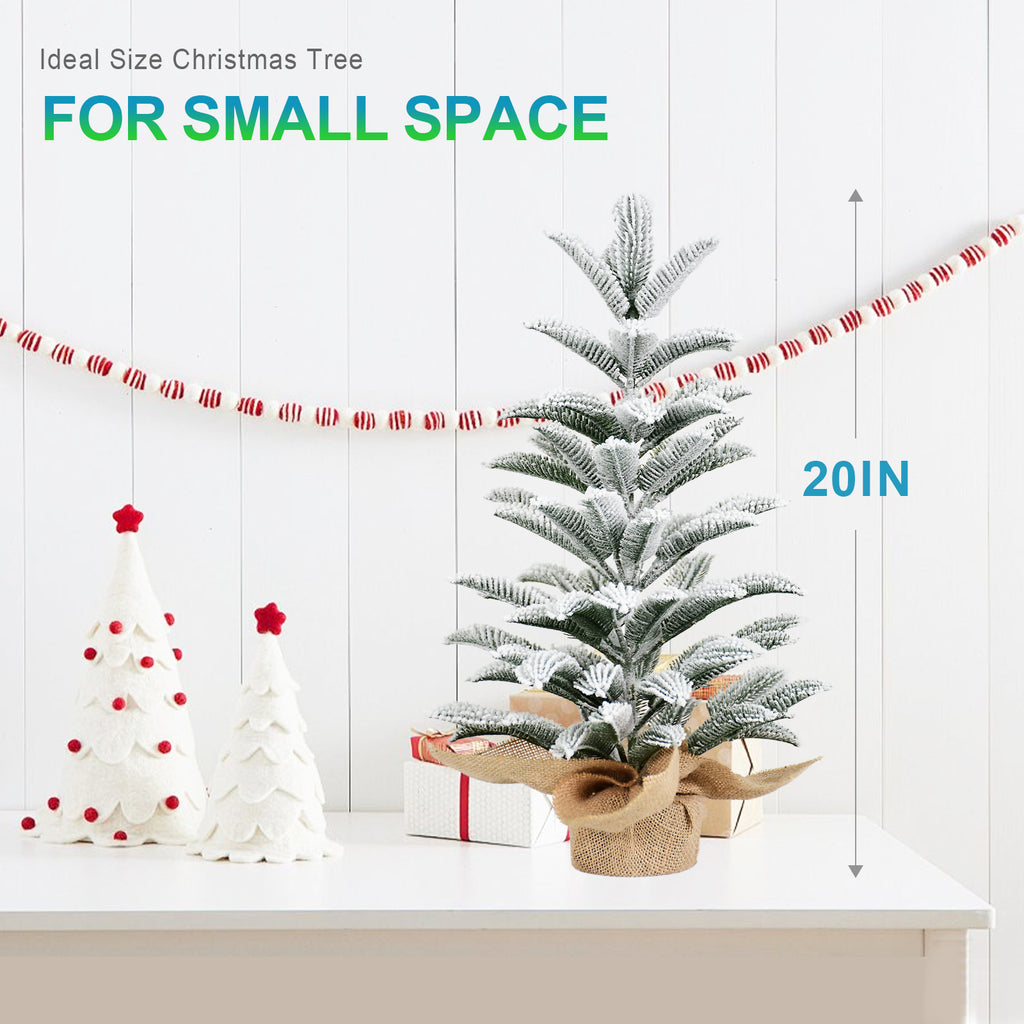 20" Mini Flocked Christmas Tree with Burlap Base, Small Artificial Snowy Tabletop Tree for Small Spaces & Indoor Holiday Decor.