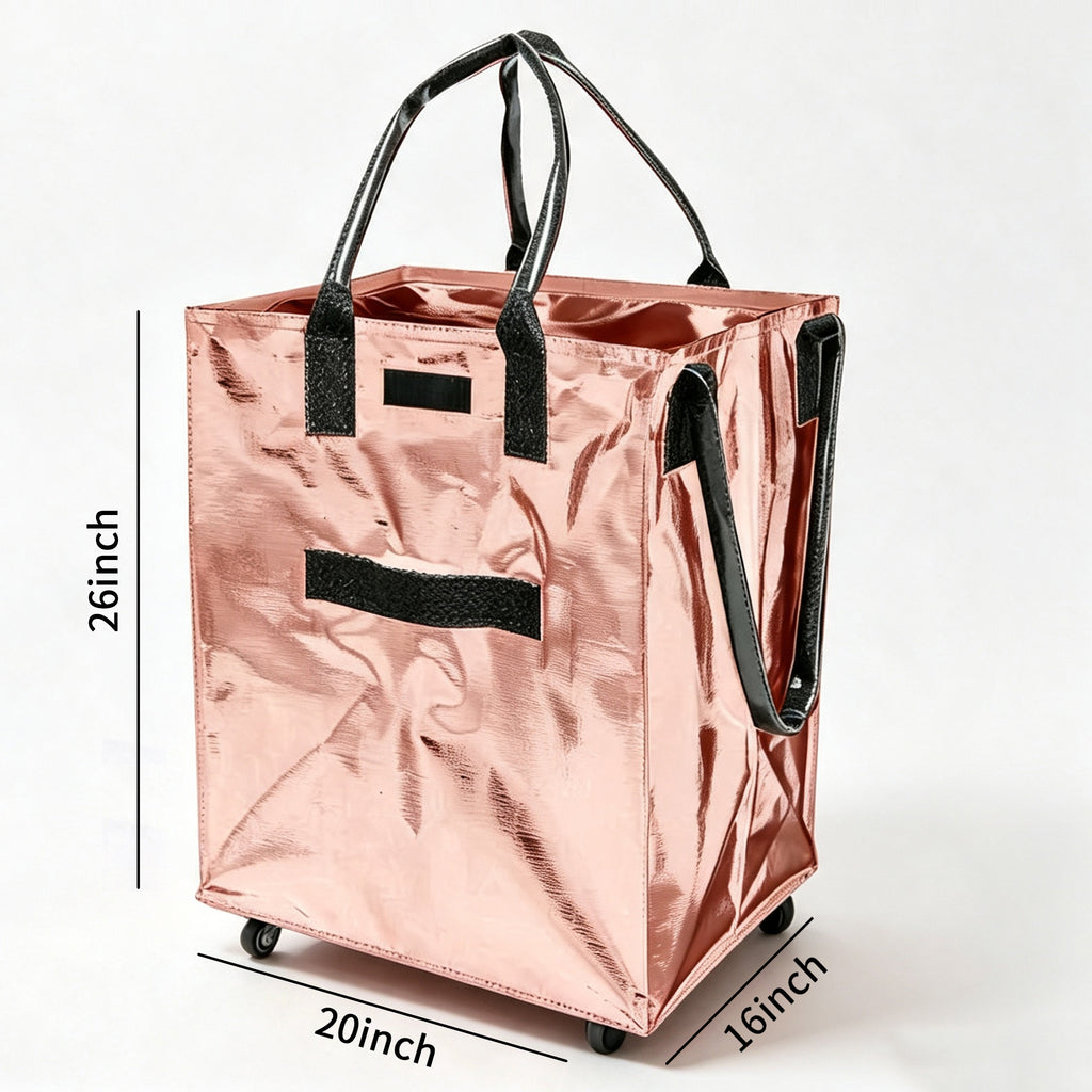 Large L‑Size Foldable Rolling Tote Bag 26"×20"×16", 5‑Wheel Base Wheeled Utility Cart, Water Resistant Rolling Laundry Basket, Portable Grocery & Storage Tote for Home, Dorm, Camping Travel
