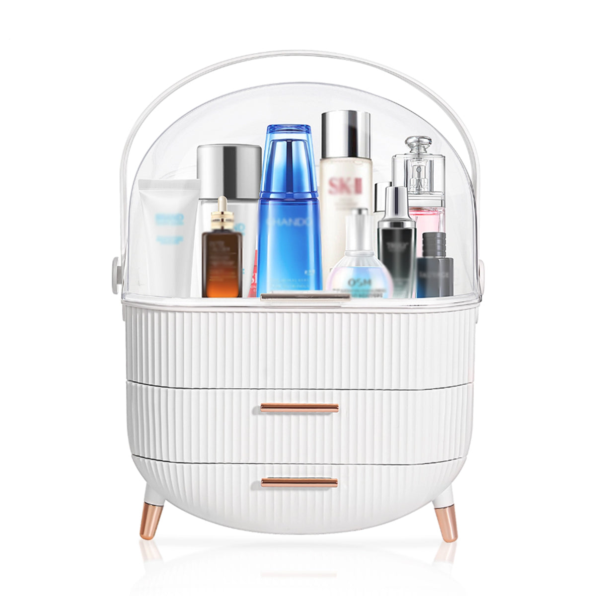 Makeup Organizers and Storage, vanity makeup organizer, cosmetic skincare storage, with lid and drawers, display case, countertop, white