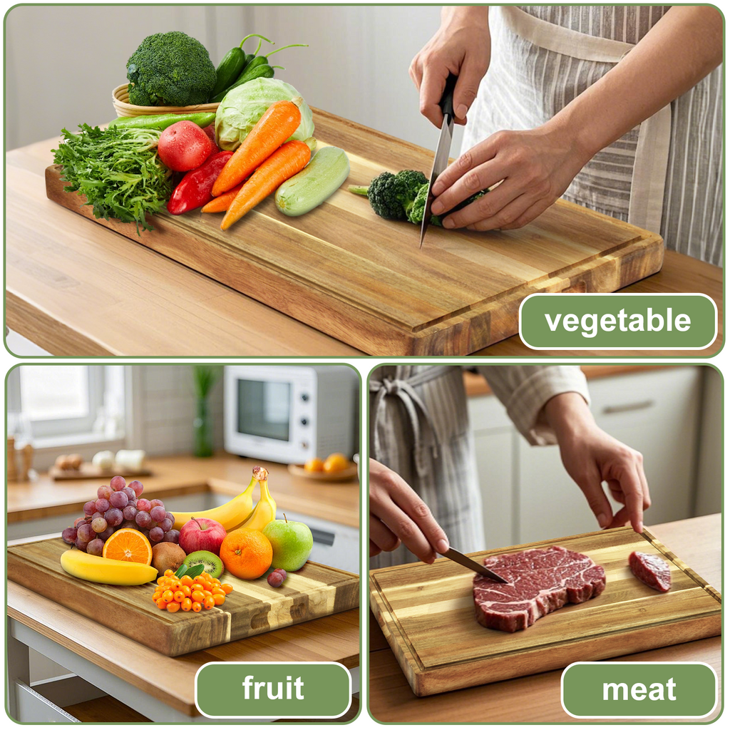 Large Acacia Wood Cutting Board, Non Plastic Non Toxic Cutting Boards For Kitchen, Wood Chopping Boards, Juice Groove, Built-in Handles 19.6x14.8in