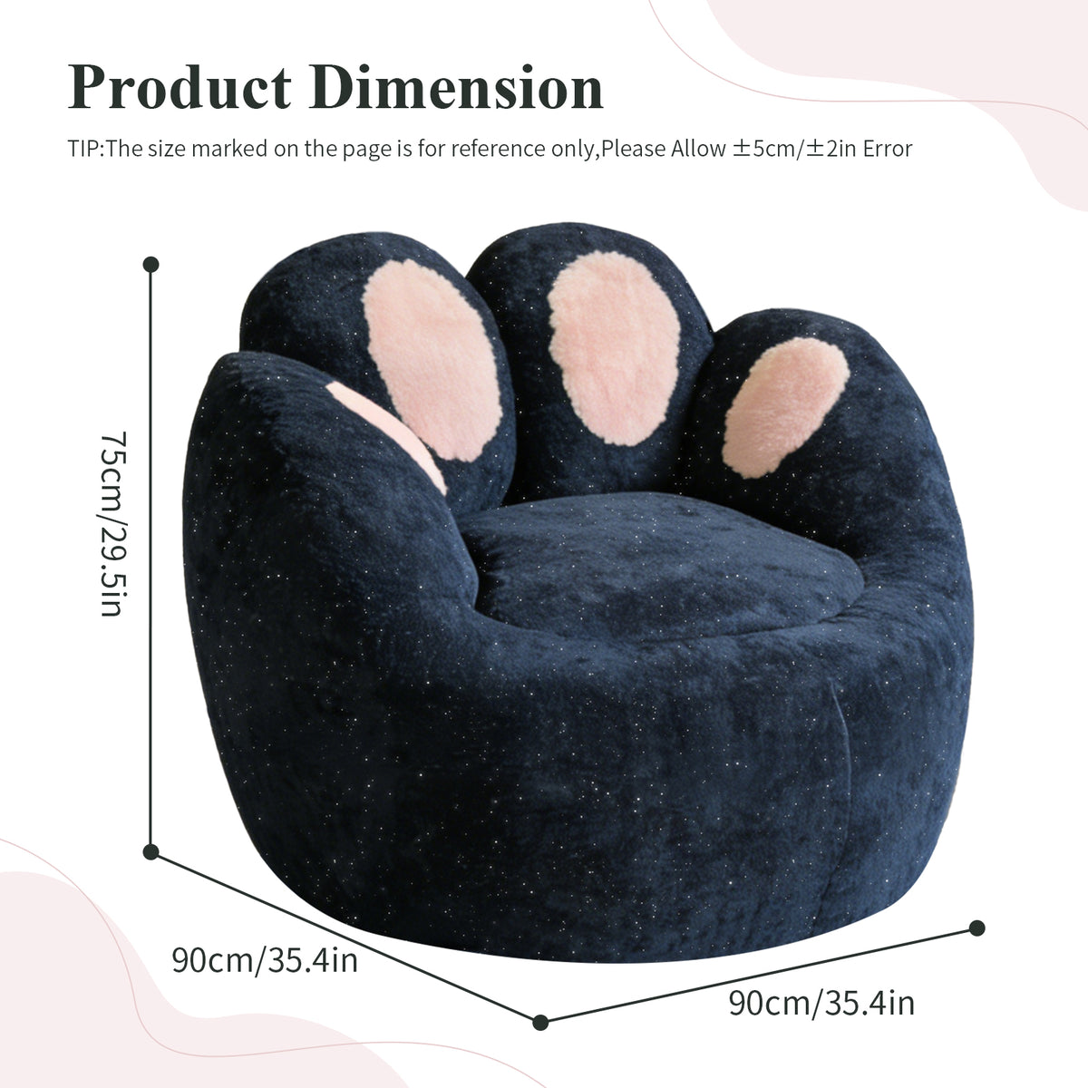 AEELLEEA Cat Paw Bean Bag Chair for Adults, Plush Foam Lounge Chair with Backrest, Non-Slip Floor Sofa for Bedroom, Navy Blue