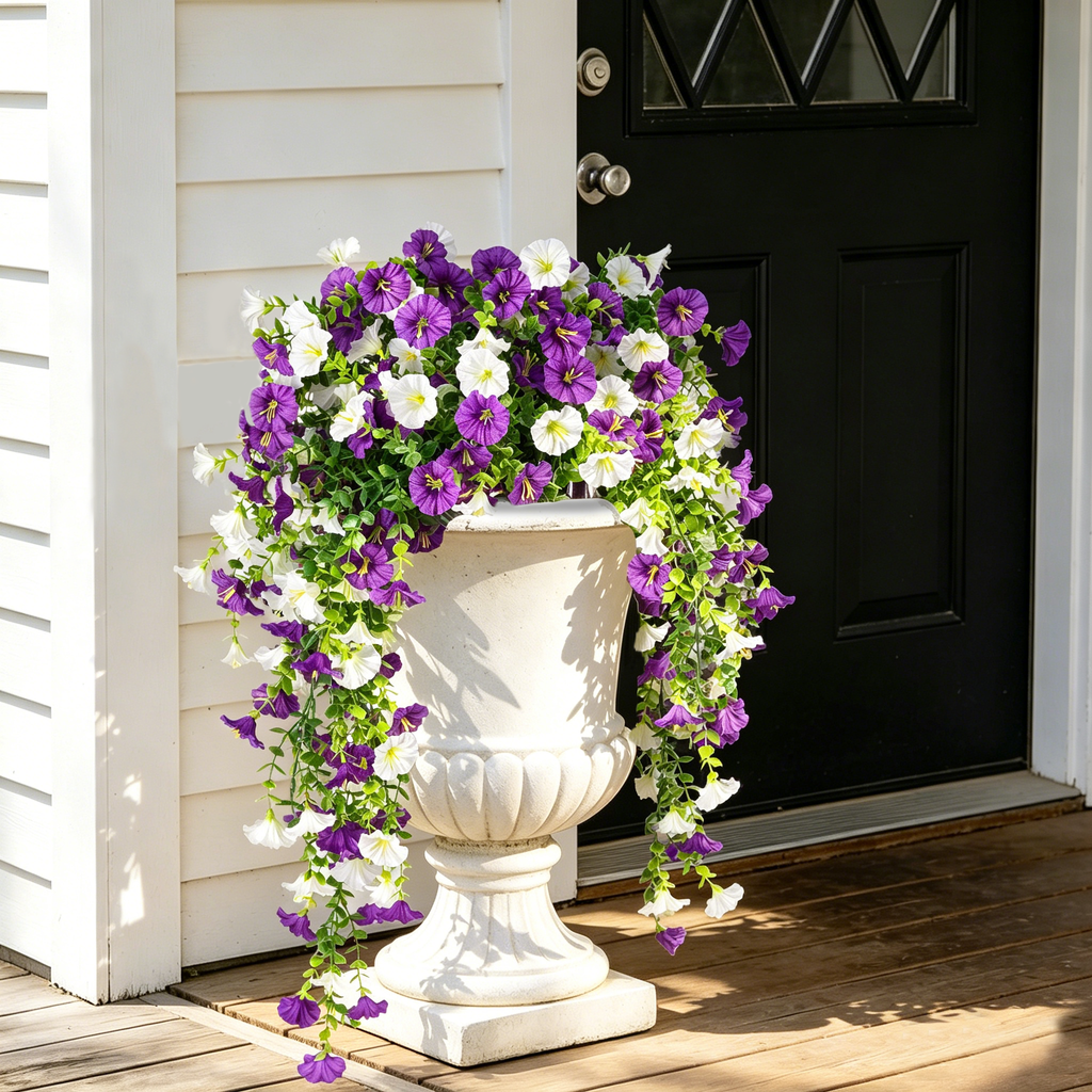 6Pcs Artificial Hanging Morning Glory Flowers, 26.7in UV Resistant Fake Trailing Flower Vines for Porch Patio Outdoor Fall Decor