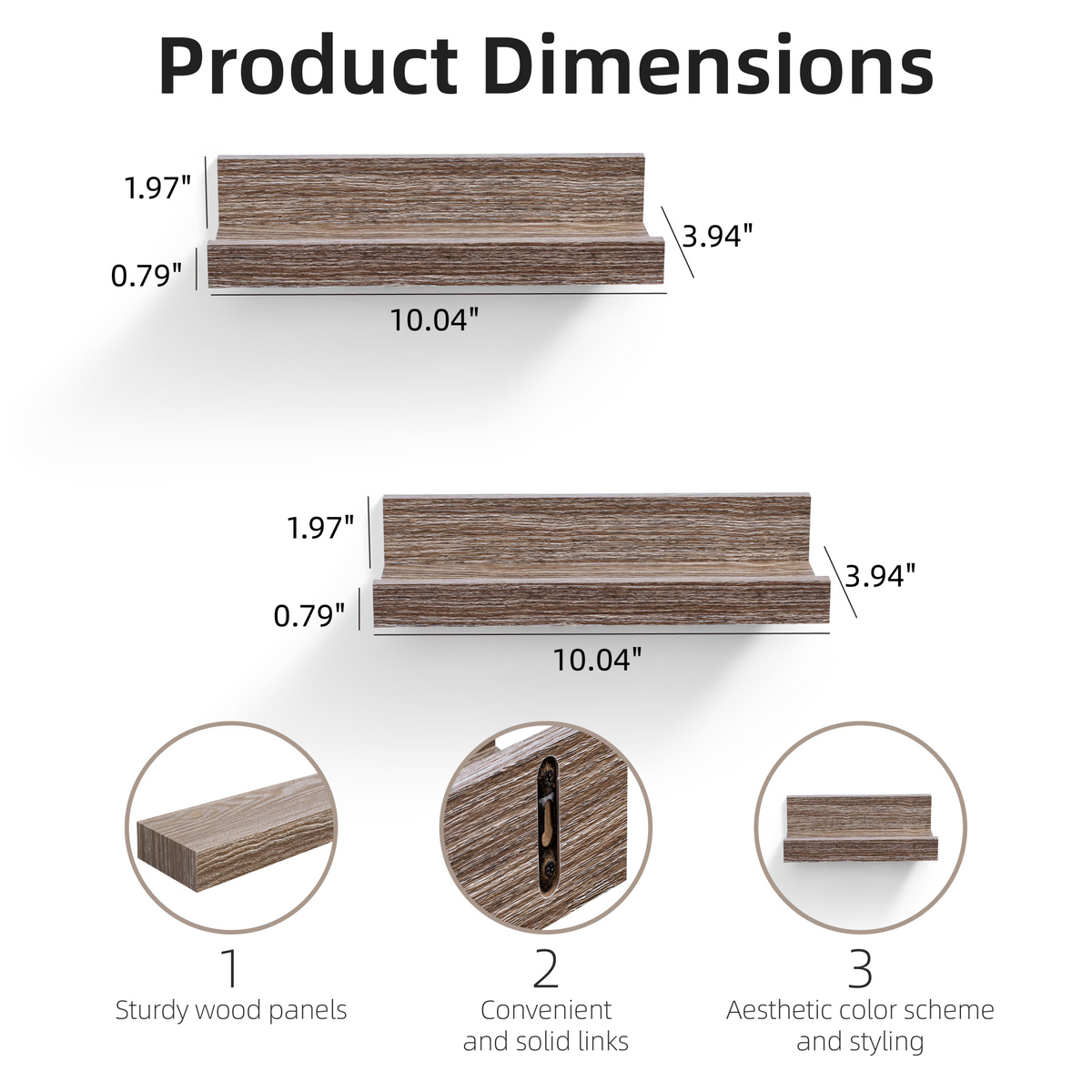 2-Piece Floating Wall Shelves, 10.04" Wood Wall Mounted Shelf Set for Books, Plants & Decor with Invisible Brackets, Gray
