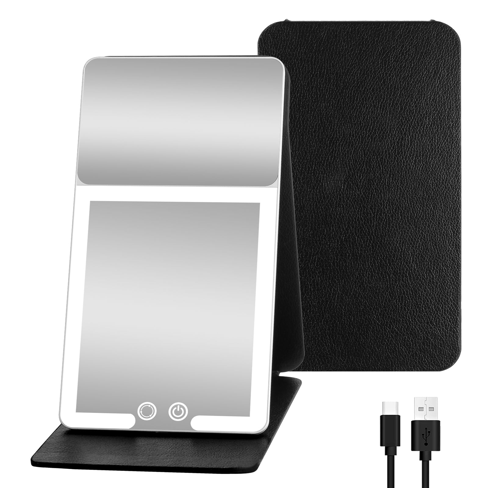 20X Magnification LED Travel Mirror  3Color Light Black Leather Case Portable