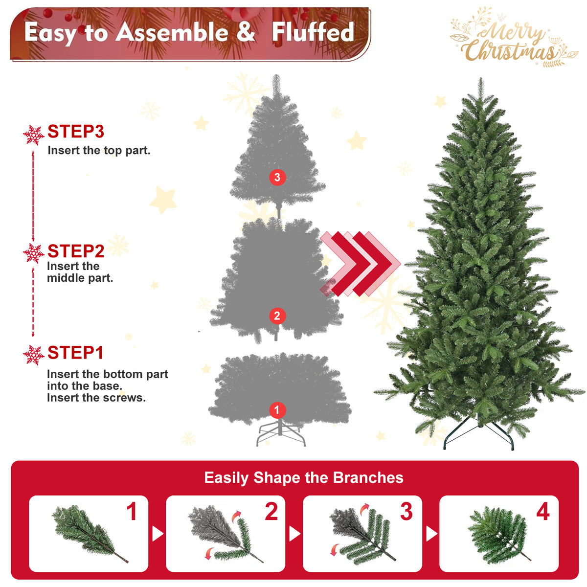 6ft Artificial Christmas Tree, 1168 Branch Tips PE+PVC Hinged Xmas Tree with Metal Stand, Easy Assembly Indoor Holiday Decor