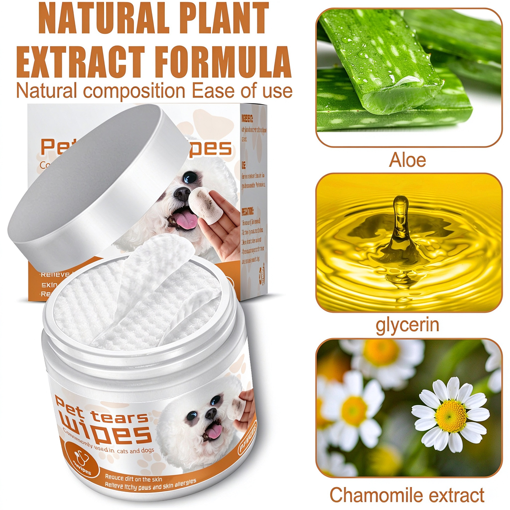 AEELLEEA Pet Tear Stain Wipes for Dogs Cats, Natural Aloe Chamomile Eye Cleaning Wipes, Hypoallergenic, 60 Count