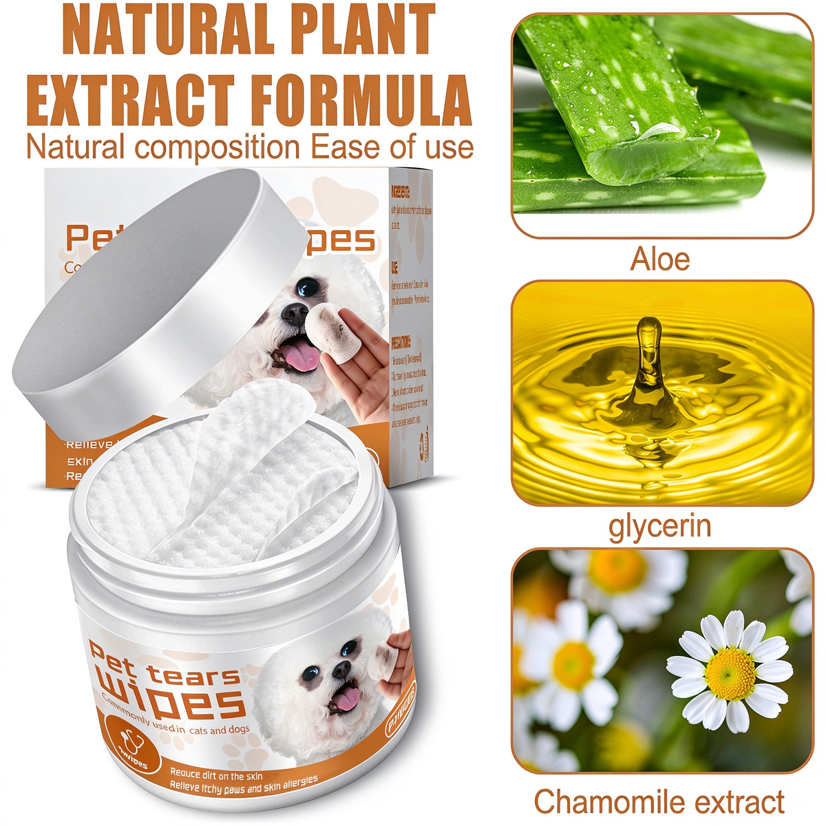 AEELLEEA Pet Tear Stain Wipes for Dogs Cats, Natural Aloe Chamomile Eye Cleaning Wipes, Hypoallergenic, 60 Count