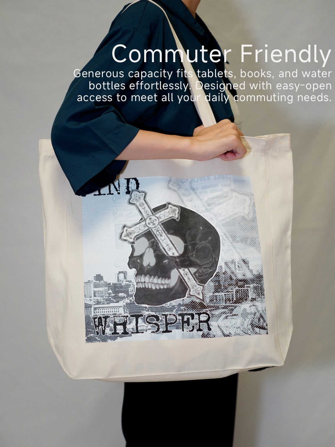 Skull Cross Canvas Tote Bag, Halloween Shoulder Bag For Women, Reusable Shopping Tote Bag
