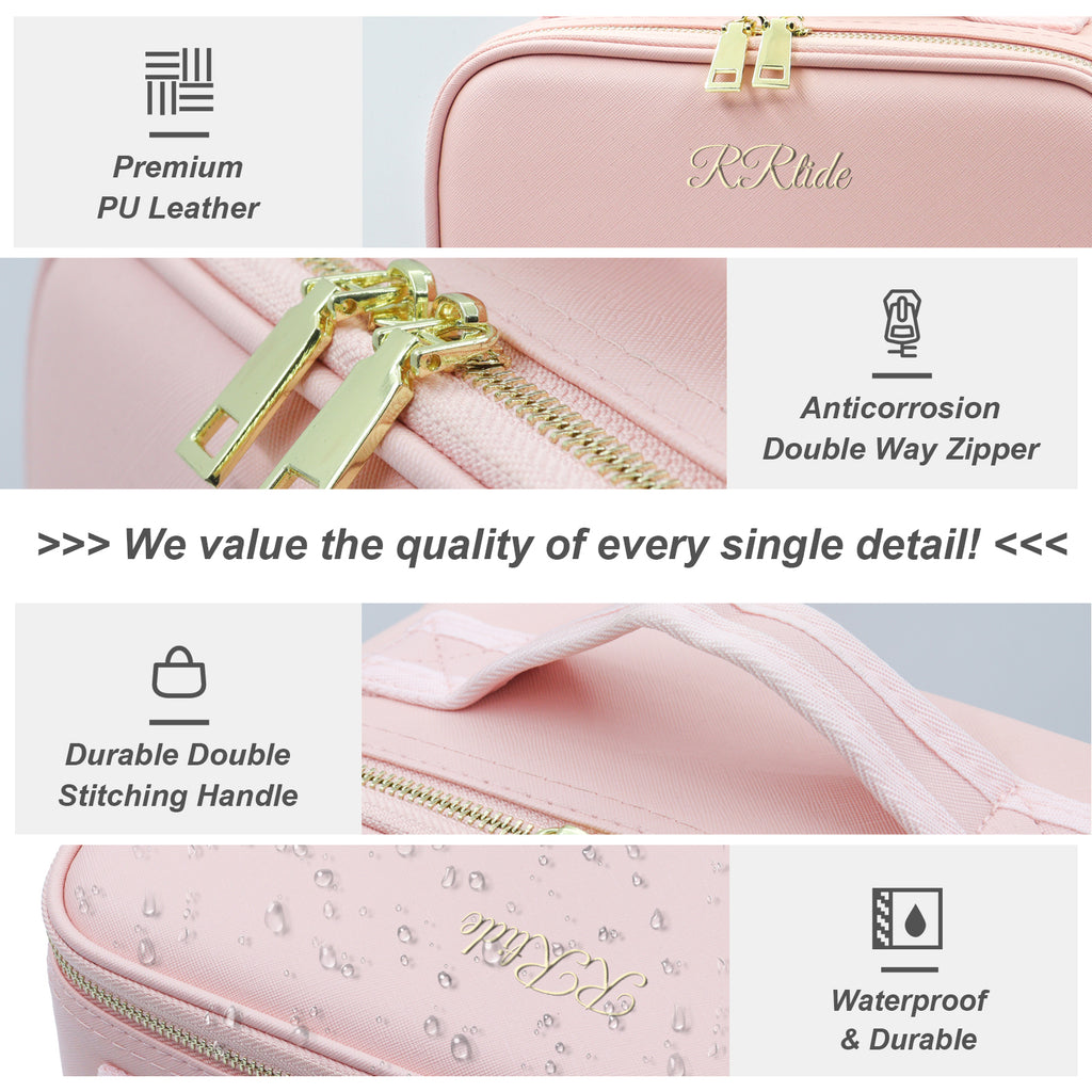 AEELLEEA Pink Makeup Bag with LED Lighted Mirror, Cosmetic Train Case, 3 Color Lights, Adjustable Dividers, 5X Magnifying Mirror