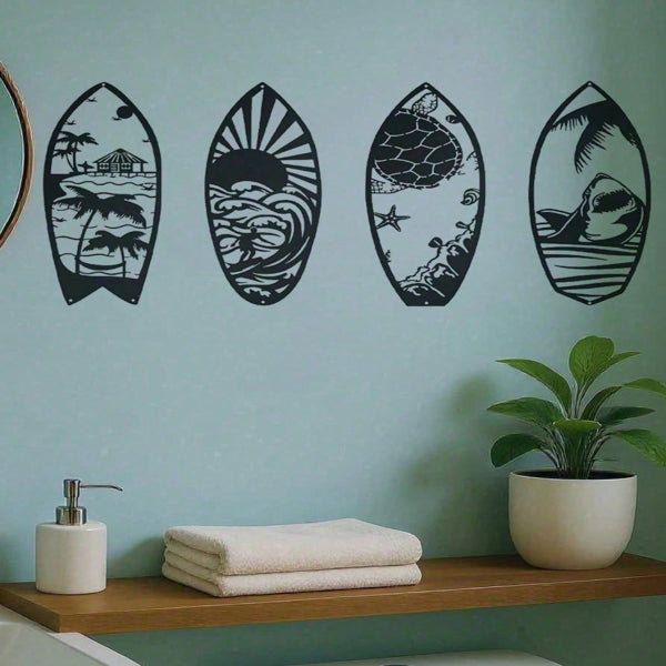AEELLEEA-4Pcs Metal Surfboard Wall Art, Coastal Beach Nautical Iron Surfboard Hanging Decor for Living Room Bedroom Bathroom