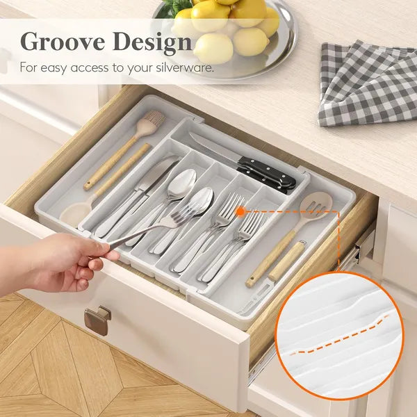 AEELLEEA Expandable Silverware Drawer Organizer Tray, White Adjustable Kitchen Utensil Holder for Flatware