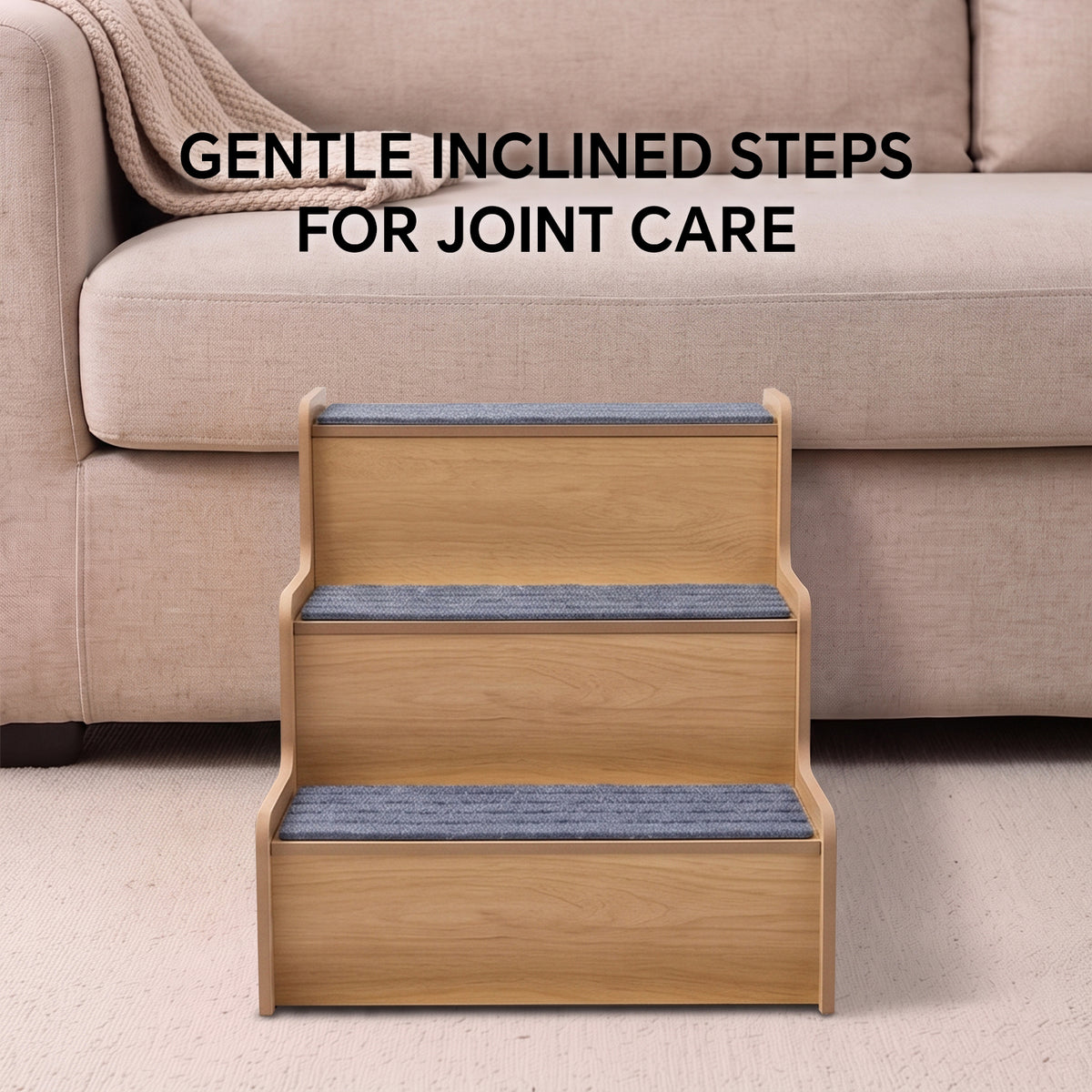 Wooden Carpeted Pet Steps, Non-Slip Dog Stairs Pet Ladder for Small Dogs, Puppies, Older Cats, Great for Couch & High Bed Access
