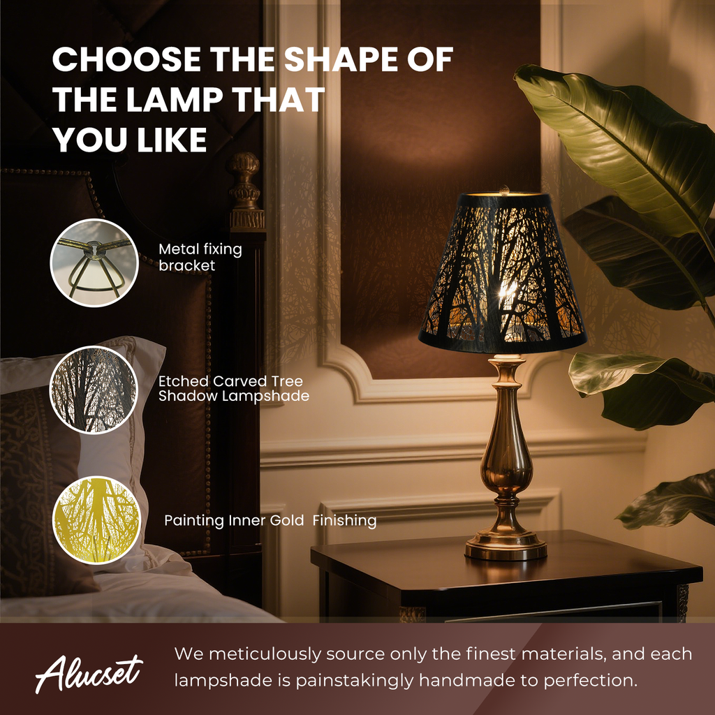 Alucset Metal Tree Shadow Lampshade – 5"x3"x6", Spider Fitter for Table Lamps, Etched Forest Design with Gold Inner Finish, Fits Standard Harp Bases