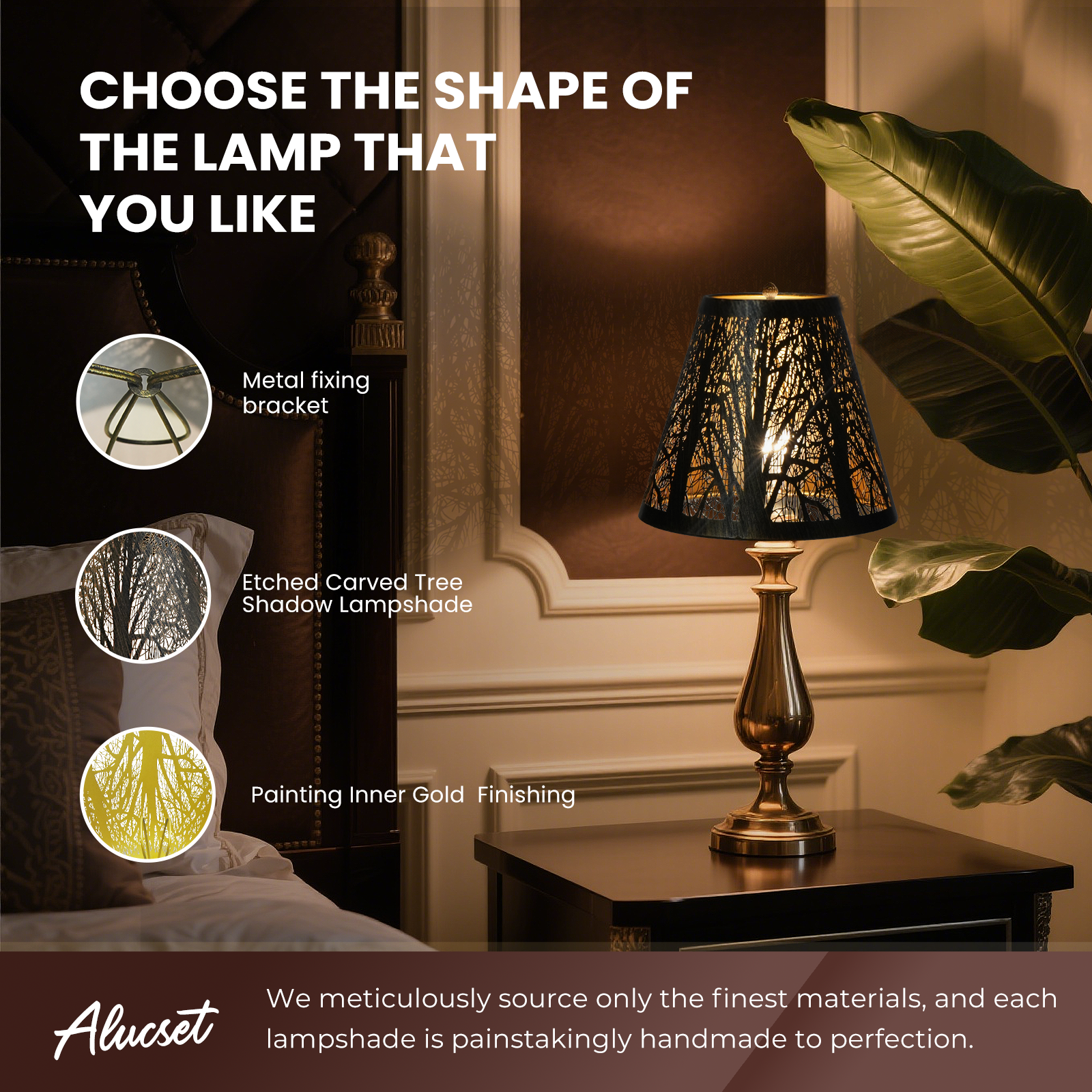 Alucset Metal Tree Shadow Lampshade – 5"x3"x6", Spider Fitter for Table Lamps, Etched Forest Design with Gold Inner Finish, Fits Standard Harp Bases