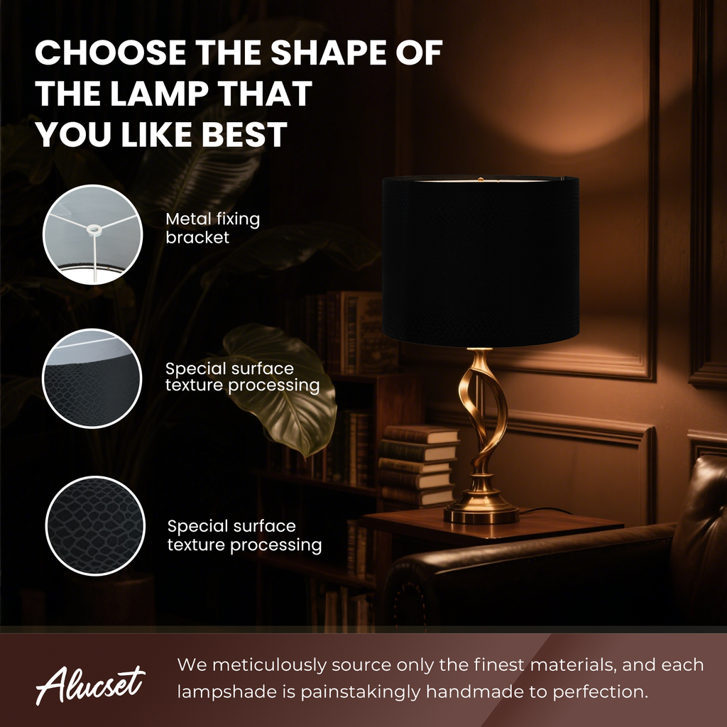 ALUCSET 2-Pack Black Crocodile Texture Drum Lamp Shades 13"×10", Spider Fitter with Harp Included for Table & Floor Lamps