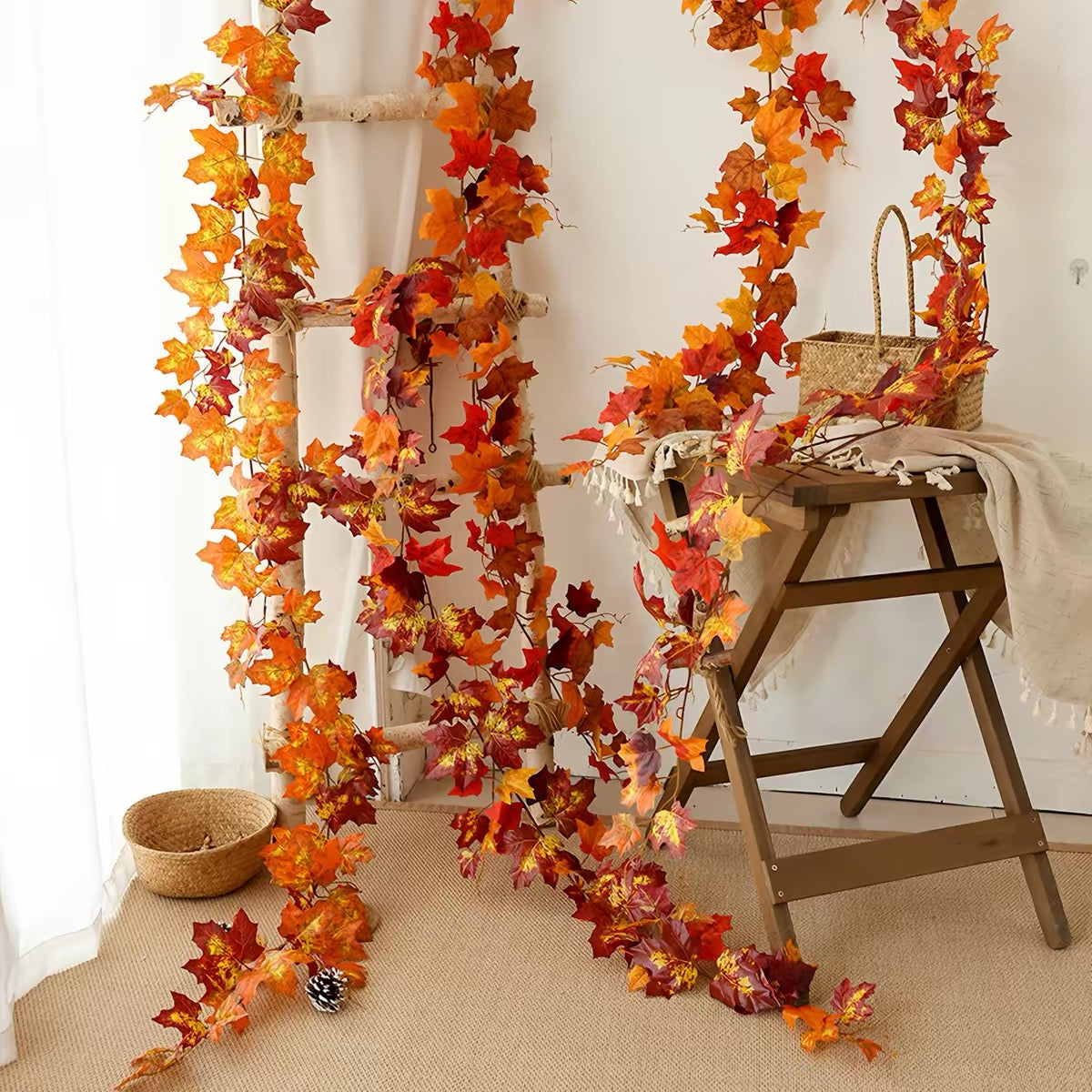 AEELLEEA 2 Pack Fall Maple Leaf Garland with 4 Hooks, Artificial Autumn Foliage Vine for Mantel, Thanksgiving Indoor & Outdoor Home Decor