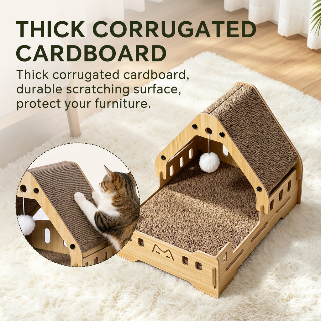 Cat Scratcher Bed, 3‑In‑1 Vertical Curved Cat Scratch Pad With Solid Wood Frame & Hanging Pom‑Pom Toy For Indoor Cats