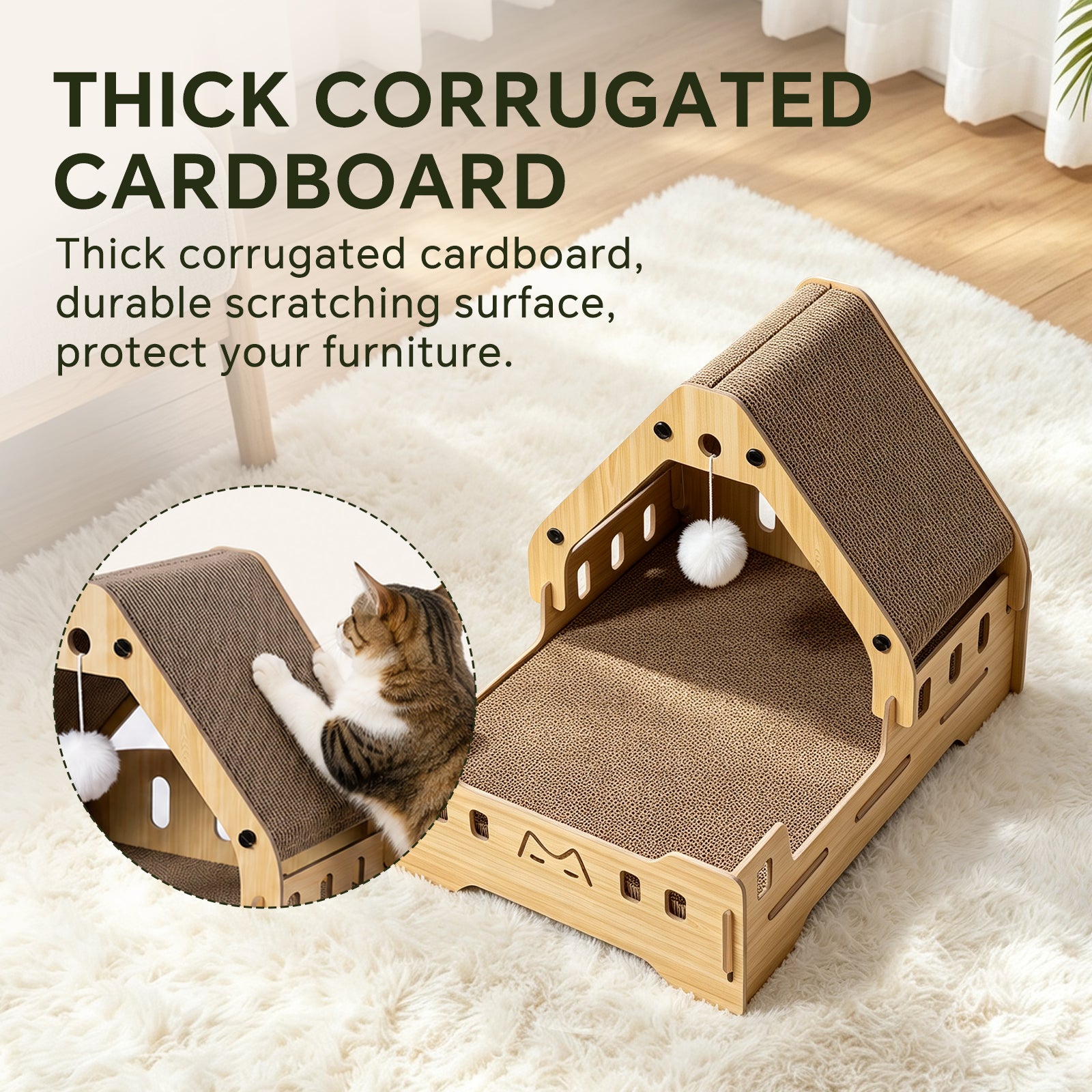 Cat Scratcher Bed, 3‑In‑1 Vertical Curved Cat Scratch Pad With Solid Wood Frame & Hanging Pom‑Pom Toy For Indoor Cats